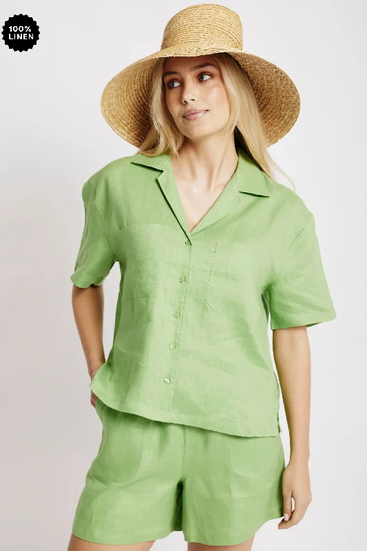 Chic Style Revere Collar Linen Shirt in Avocado