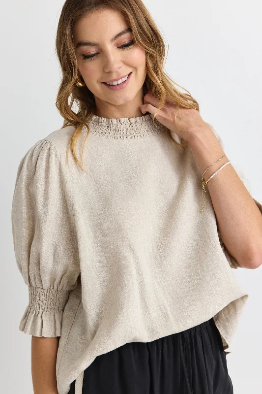 Flash Sale Now Affection Natural Linen Shirred Neck Ss Top