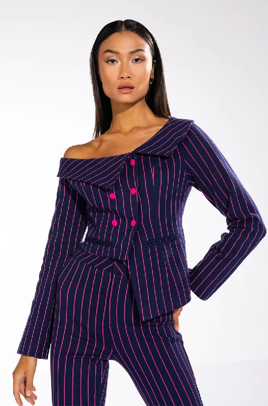 Massive Selection Sale SWEET LIKE SUGAR PINSTRIPE OFF SHOULDER BLAZER