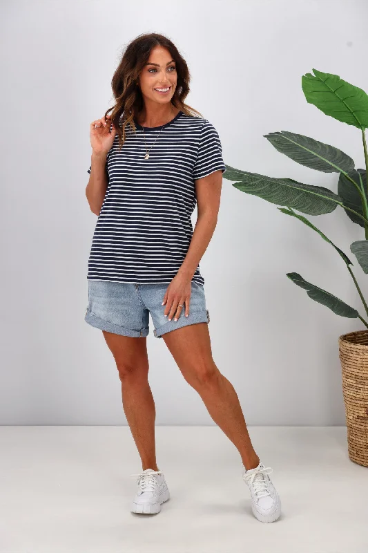 Stylish Women's Apparel Shine On Essentials Stripe Tee Navy White Stripe