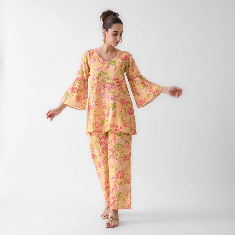 New Arrival Discount Mango Yellow Floral Cotton Co-ord Set with Flared Sleeves