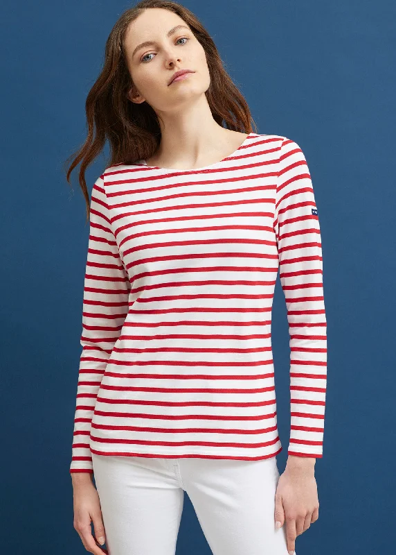 Chic & Cozy Apparel MINQUIDAME - Breton Striped Shirt with Long Sleeve | Soft Cotton | Women Fit (WHITE / RED)