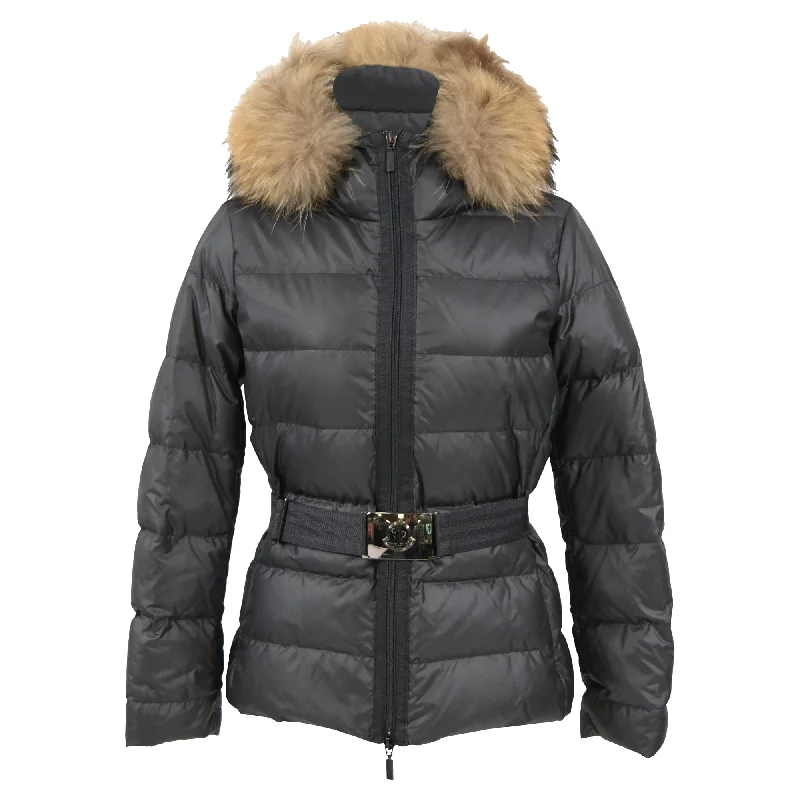 High End Women's Wear Moncler Fur Lined Belted Hooded Puffer Jacket in Black Nylon