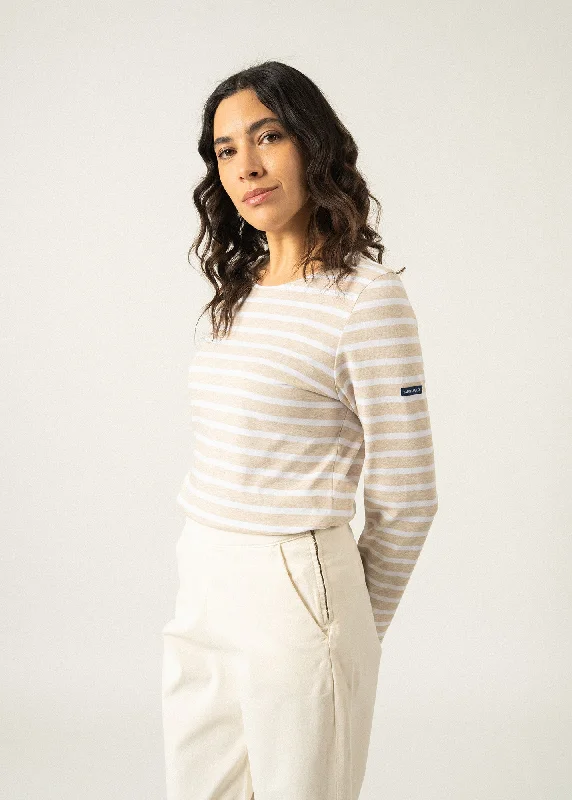 Effortless Style, Endless Impact MINQUIDAME - Breton Striped Shirt with Long Sleeve | Soft Cotton | Women Fit (OATMEAL / WHITE)