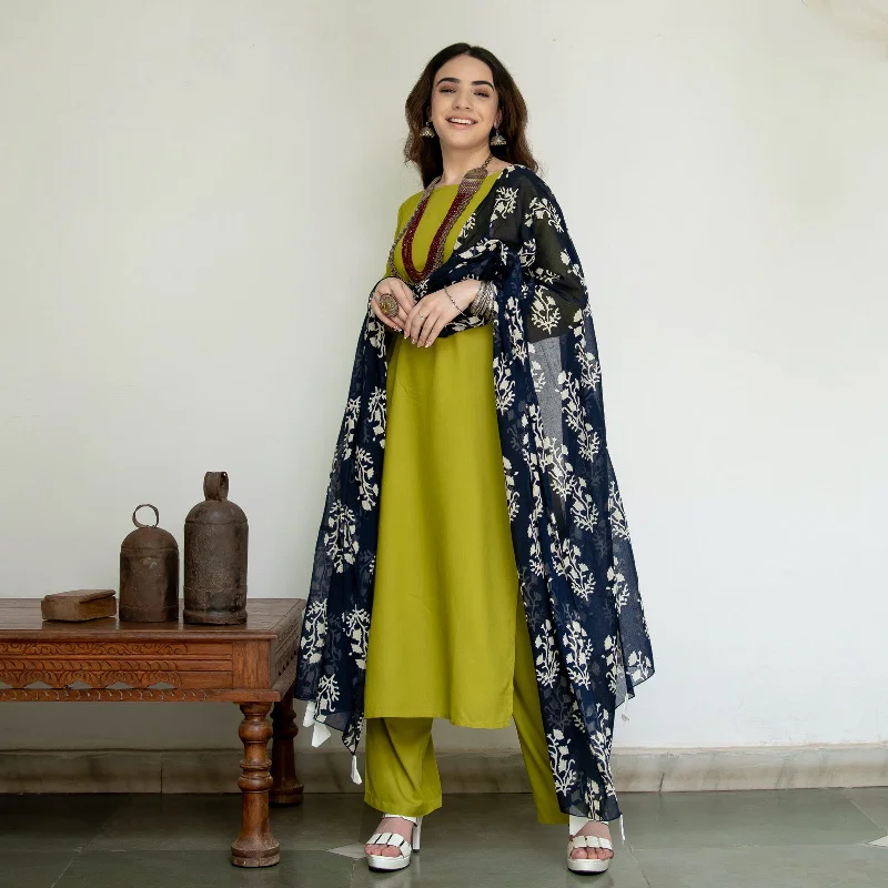 Clothing Sales Olive Salwar Kurta Set for Women with Indigo Dupatta