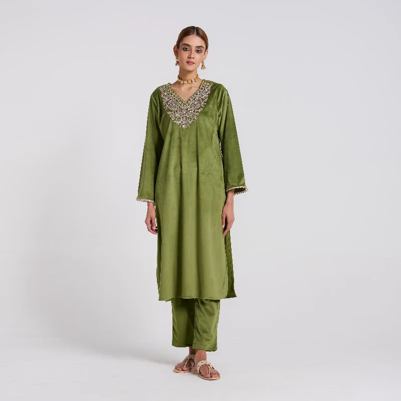 Women's Clothing Brands Olive Embroidered Amara Velvet Kurta Pant Set