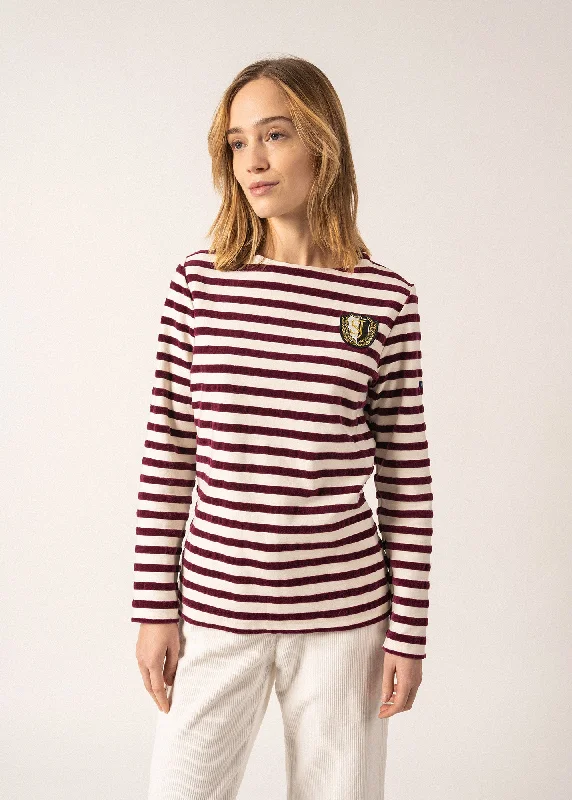 The Epitome Of Modern Women's Fashion MERIDAME CAMPUS - Fancy Breton Shirt Top with Velvet Stripes and Vintage Crest | Heavyweight Cotton Blend | Women Fit  (IVORY / PLUM)