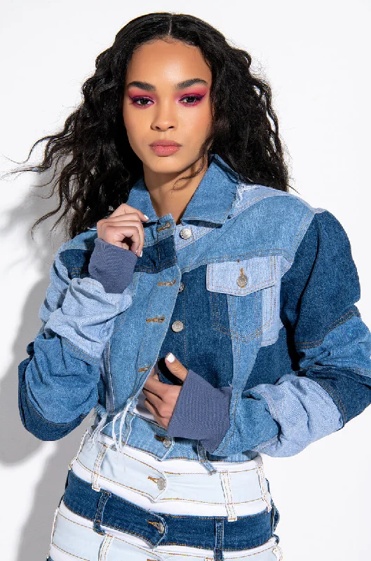 Fashionista Favorites STACKED PATCH WORK CROP DENIM JACKET