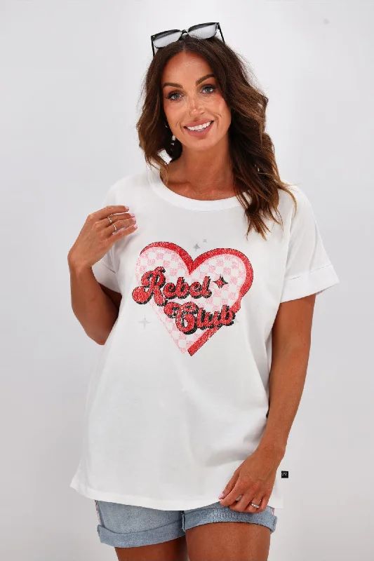 Limited Time Offer Rebel Club by Shine On Checkered Charm Love Cap Sleeve Tee White