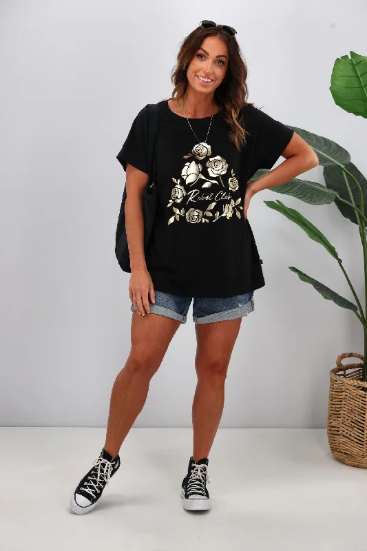 Limited Time Deal Rebel Club by Shine On Botanical Bliss Cap Sleeve Tee Jet Black