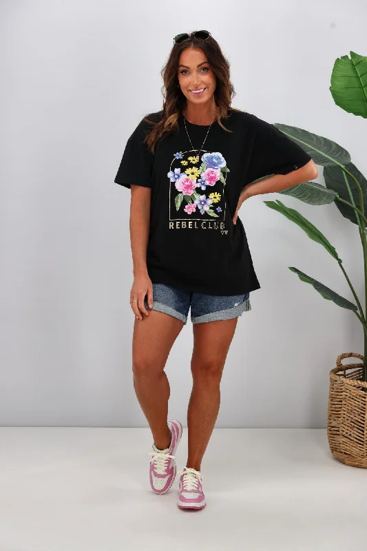 Mega Sale Rebel Club by Shine On Wild Flowers Framed Boyfriend Tee Jet Black