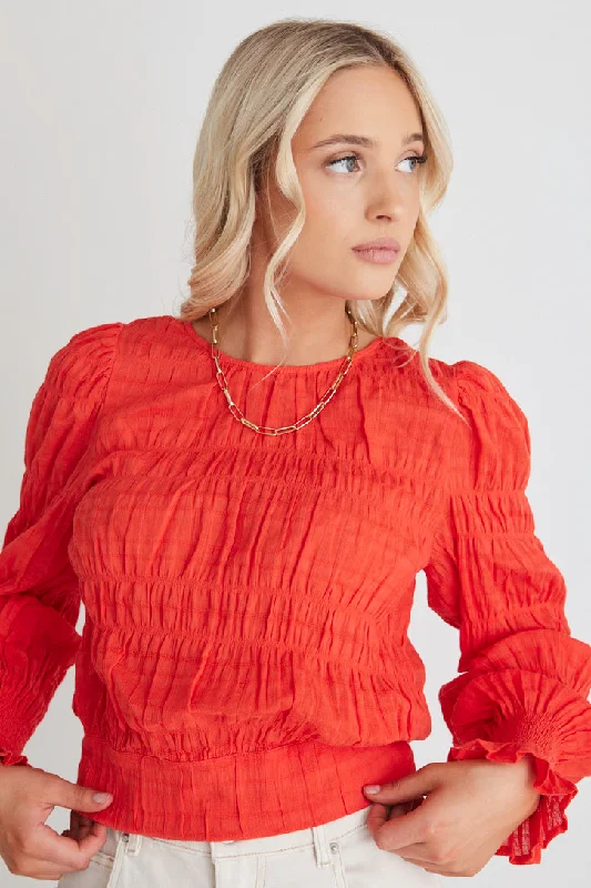 Clearance Sale, All Cheap Grace Blood Orange Shirred Cotton Tie Back Ls Top