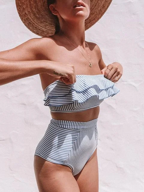 Best Online Boutiques For Women Flounce Sleeve Bandeau Stripe Swimsuit