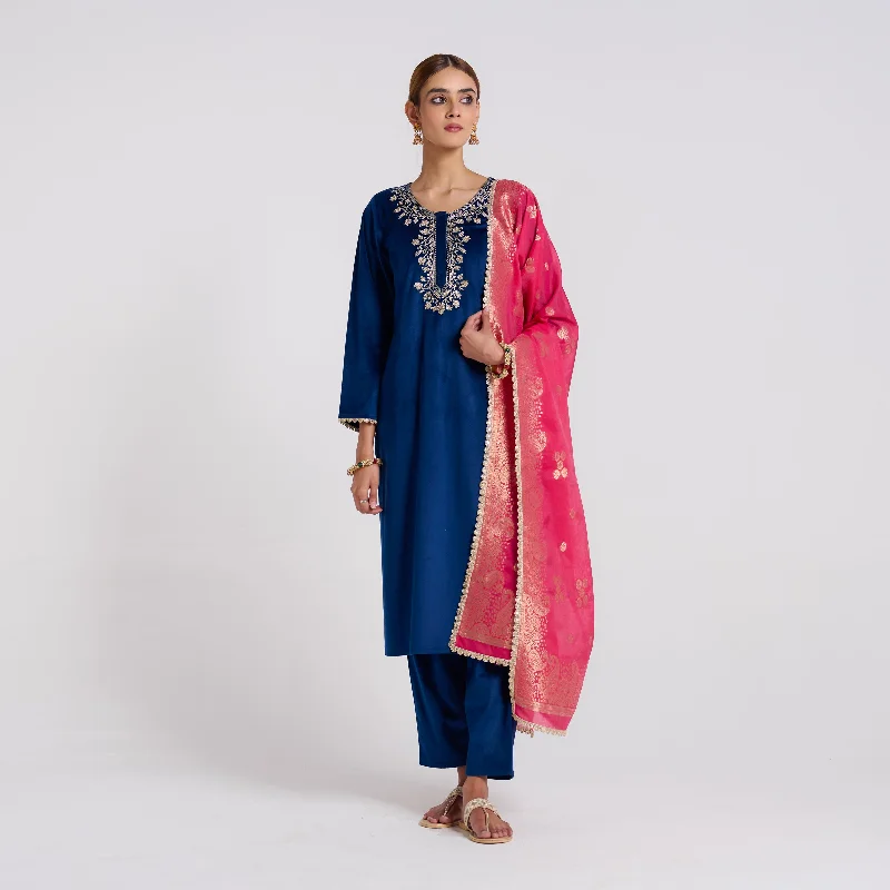 Day-To-Night Styles Navy Embroidered Noor Velvet Set with Brocade Dupatta