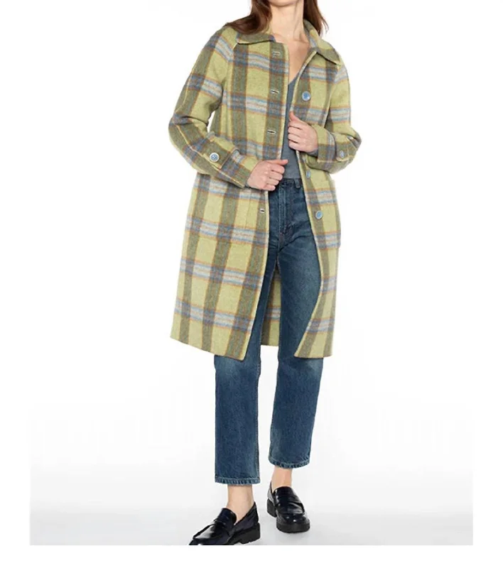 Comfort First Women's Fashion Plaid Coat In Moss Multi