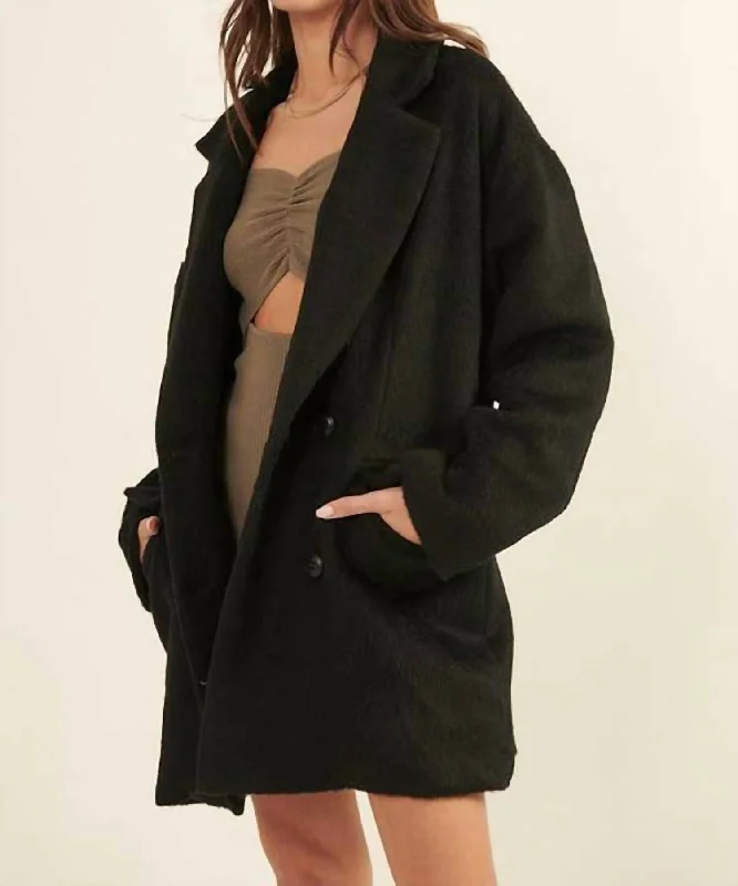 Comfort Centric Apparel Double Breasted Overcoat In Black