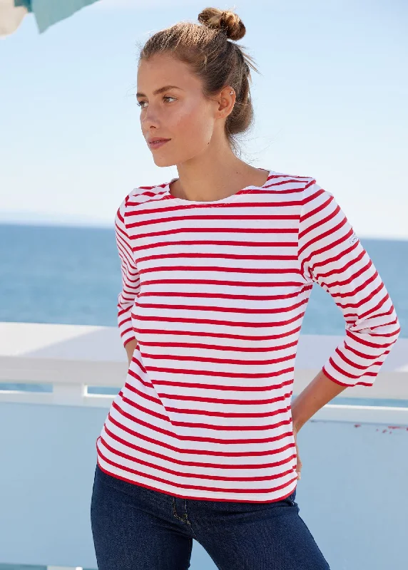 Classic Women's Fashion GALATHEE II - Breton Striped Top with ¾ Sleeve | Soft Cotton | Women Fit (WHITE / RED)