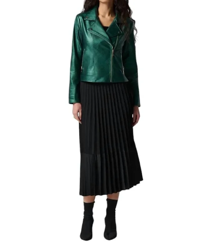 Chic Trends Unveiled Metallic Faux Leather Biker Jacket In Emerald