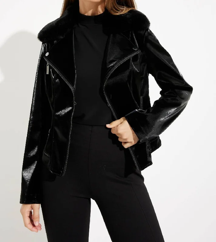 High End Fashion Faux Fur Accent Moto Jacket In Black