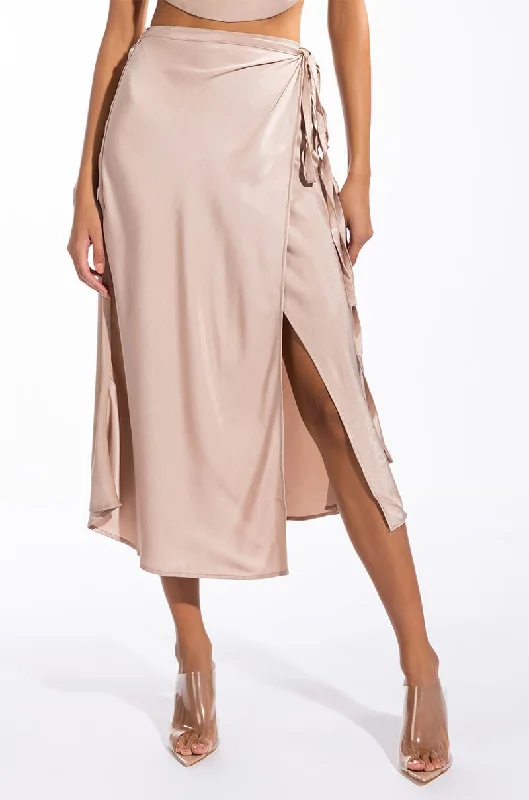 Summer Deals TO THE CHATEAU HIGH SLIT SATIN MIDI SKIRT