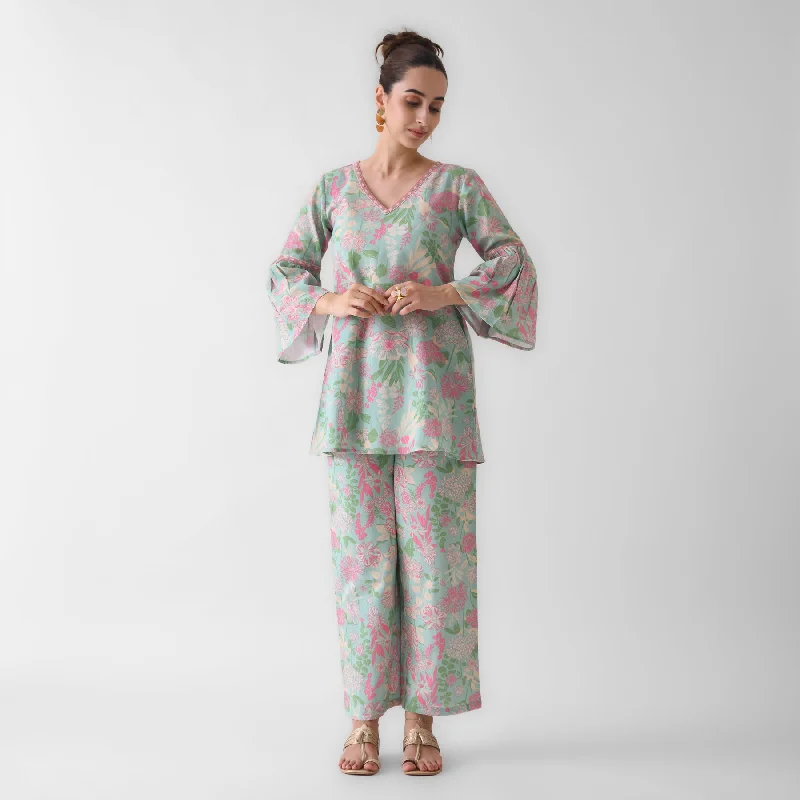 Sale For Women Sky Blue Floral Cotton Co-ord Set with Flared Sleeves