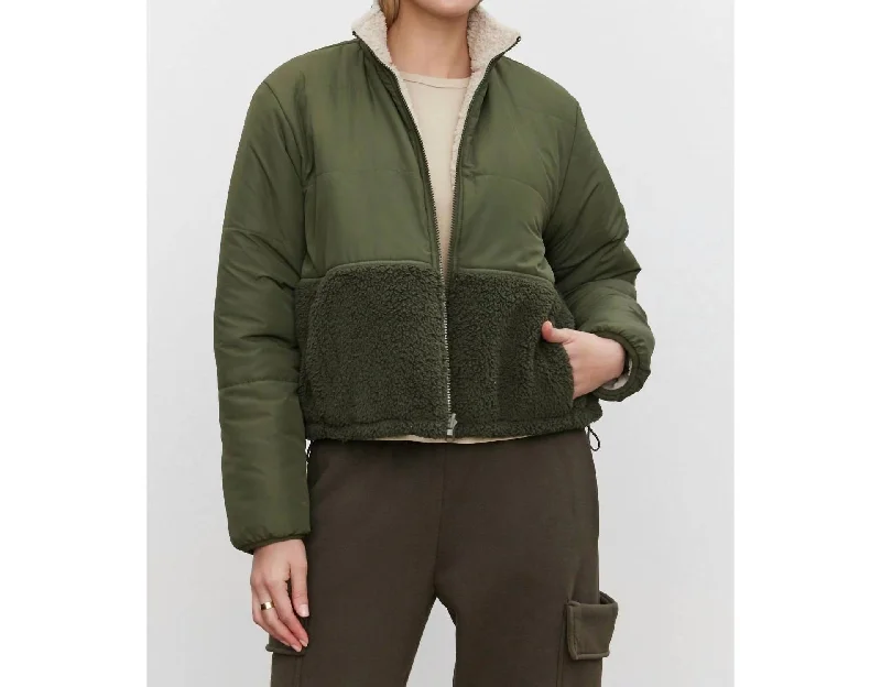 Step Ahead, Lead The Trend Tasha Reversible Puffer Sherpa Jacket In Army