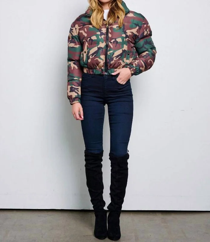 Dive Into Trendy Styles Long Sleeve Puffer Jacket In Camo