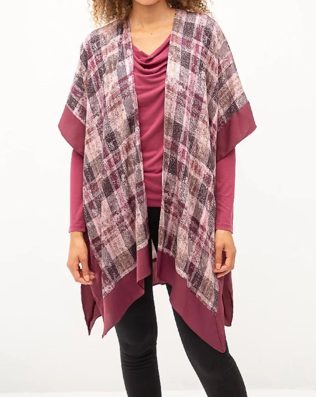 Trendy Women's Collection Plaid Open Ruana Poncho In Mauve Mix