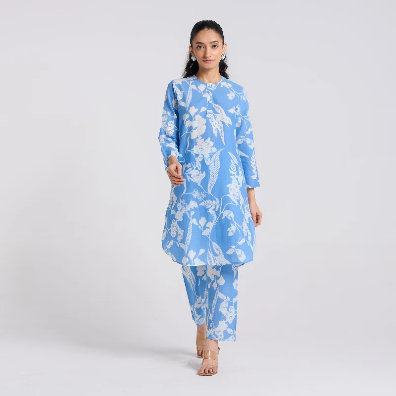 Women's Clothing Sky Blue Floral Pure Cotton Co-ord Set