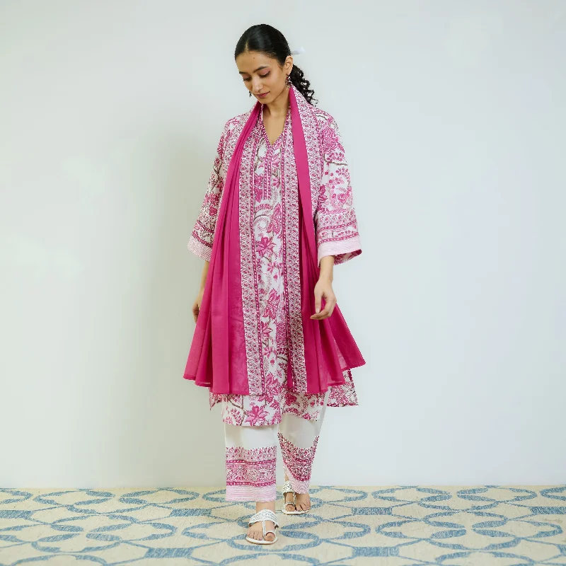 Summer Fashion Rani Pink Sanganeri Printed Cotton Kurta Set with Contrast Mul Cotton Dupatta