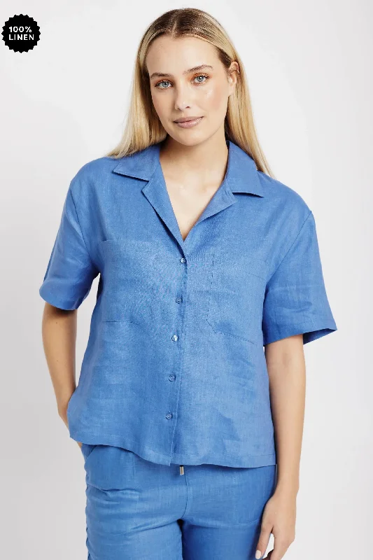 Versatile Wardrobe Essentials Revere Collar Linen Shirt in Blue