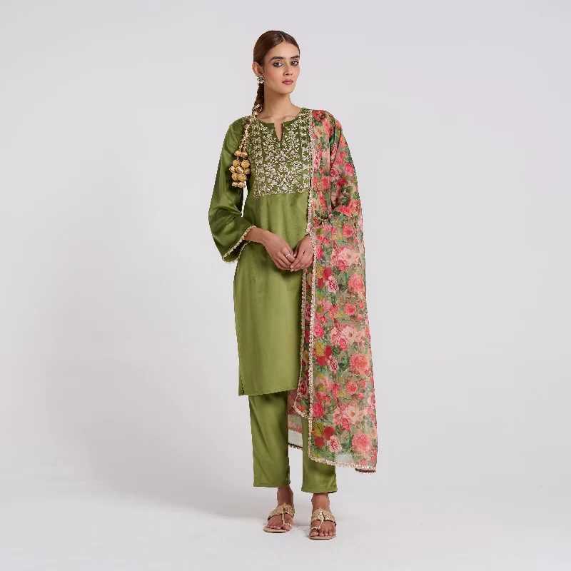 Flash Sale Or Flash Sales Olive Embroidered Phulwari Velvet Set with Dupatta