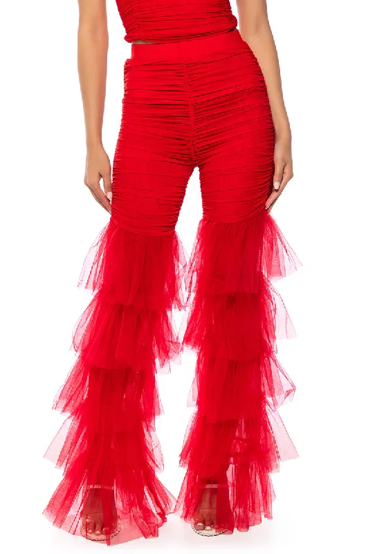 Fresh Styles, Fresh Deals SAMMIE CINCHED MESH FLARE LEG PANT IN RED