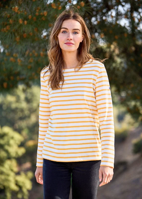 Huge Discounts This Week MINQUIDAME - Breton Striped Shirt with Long Sleeve | Soft Cotton | Women Fit (IVORY / AMBER)