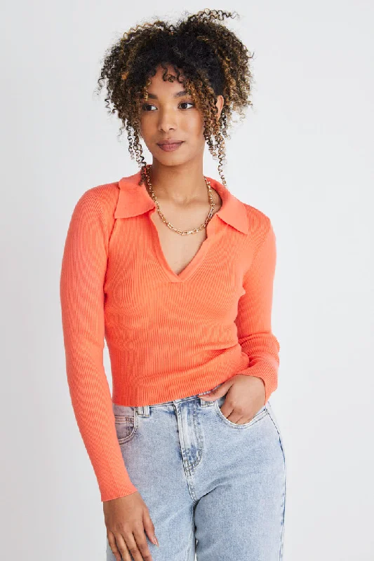 Limited Stock, Big Discounts Unreal Coral LS Collared Rib Knit Top