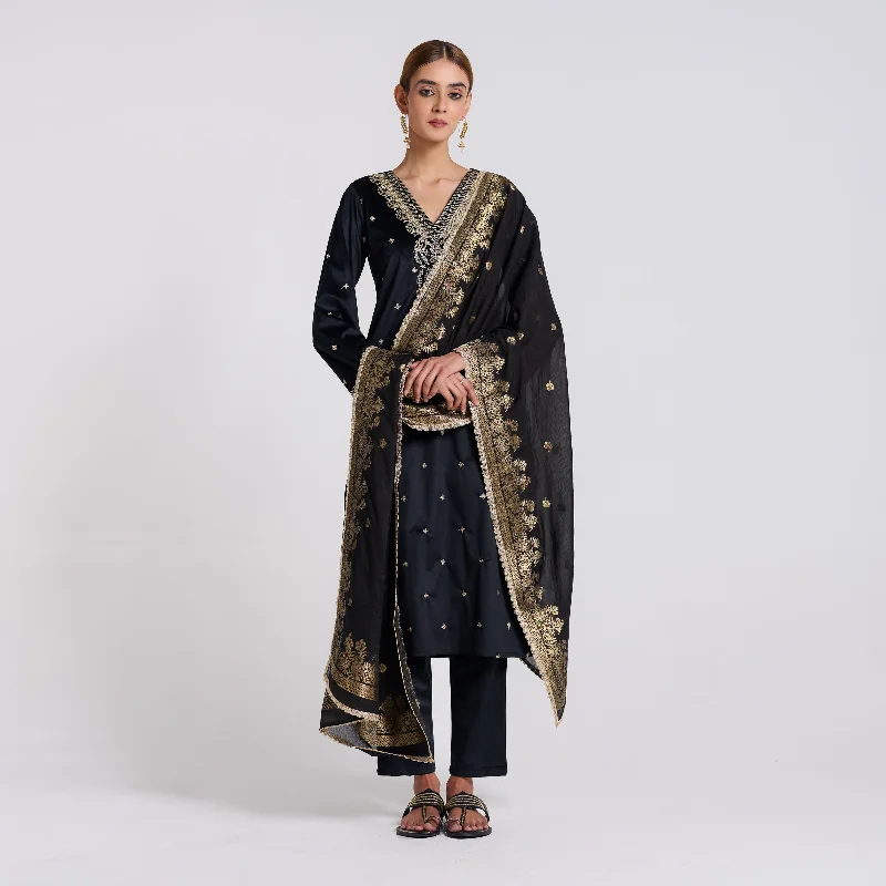 Women's Clothing Sale Black Varak Embroidered Velvet Set with Brocade Dupatta