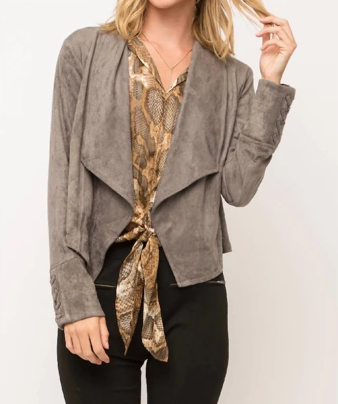 Style Redefined Faux Suede Draped Lapel Jacket In Charcoal