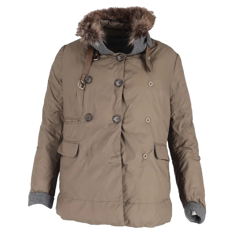 Casual Chic Clothing Brunello Cucinelli Fur Trim Double-Breasted Down Jacket in Brown Polyamide