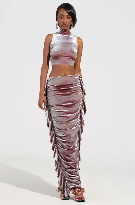 Explore What's New FLAUNT IT VELVET SIDE FRINGE MAXI SKIRT