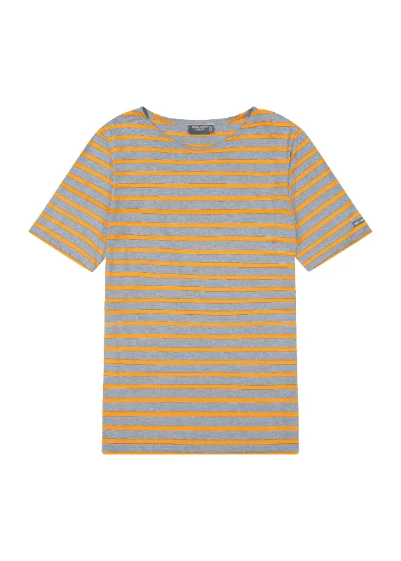 Chic & Cozy Collection LEVANT MODERN - Breton Stripe Short Sleeve Shirt | Soft Cotton | Unisex Fit (DENIM / NEON ORANGE)