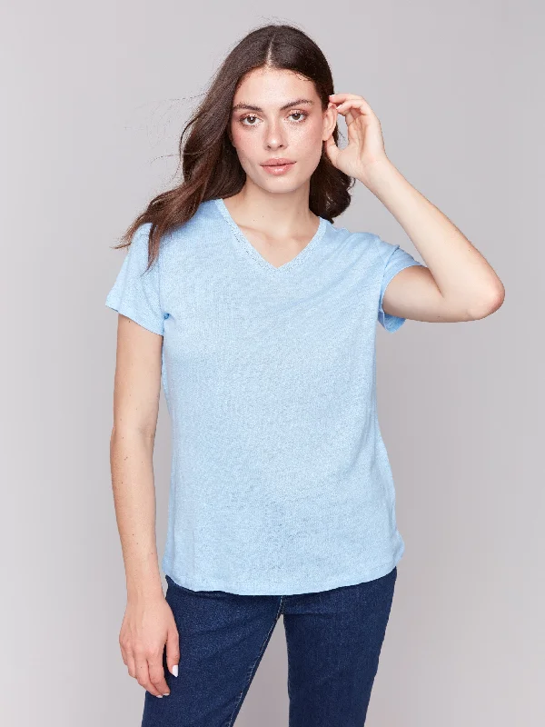 Exquisite Women's Wear Sale Linen Blend V-Neck T-Shirt - Bluebell