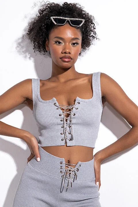 Trendy Boutiques Online GOT ME RIGHT CROPPED BRALETTE TOP WITH RHINESTONE LACE UP HEATHER GREY