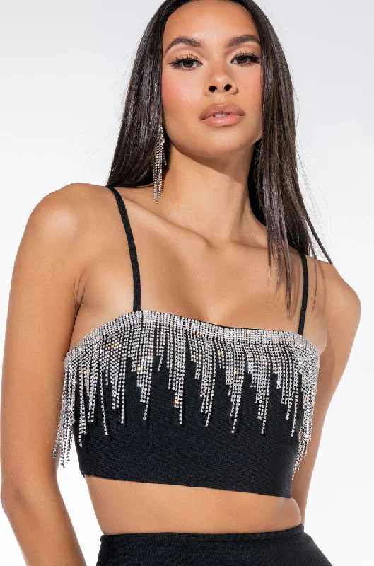 Day-To-Night Styles THANK ME LATER BLOUSE WITH RHINESTONE FRINGE BLACK