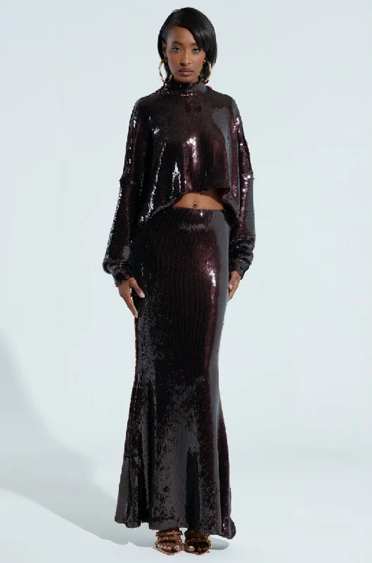 Unleash Your Style BELIEVE IN LOVE SEQUIN MAXI SKIRT IN BROWN