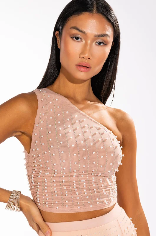 Timeless Elegance Redefined DIONNE EMBELLISHED ONE SHOULDER MESH CROP TOP