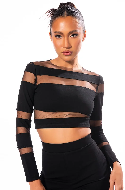 Redefining Women's Fashion CUT TO THE CHASE MESH PANEL LONG SLEEVE CREW NECK TOP