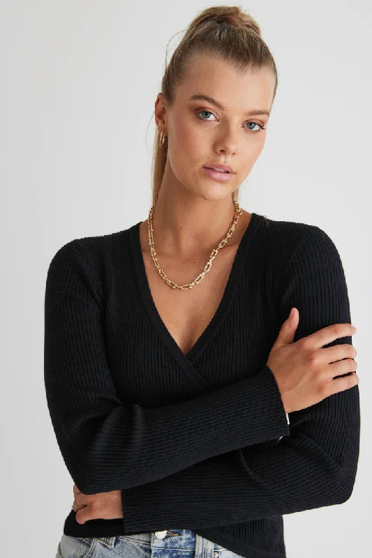 Crazy Discounts, Hurry Up Criss-Cross Black Wrap Rib Knit Top