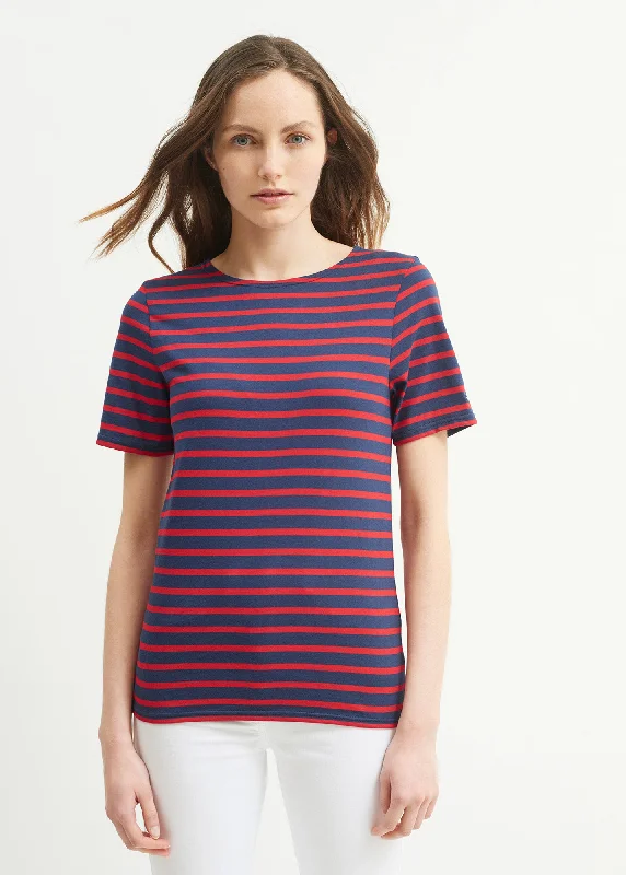 Versatile Wardrobe Essentials LEVANT MODERN - Breton Stripe Short Sleeve Shirt | Soft Cotton | Unisex Fit (NAVY / RED)