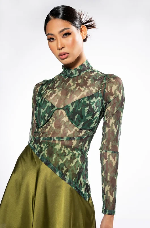 Trendy And Individual Women's Fashion SURVIVOR MESH CAMO BRA AND LONG SLEEVE TOP SET