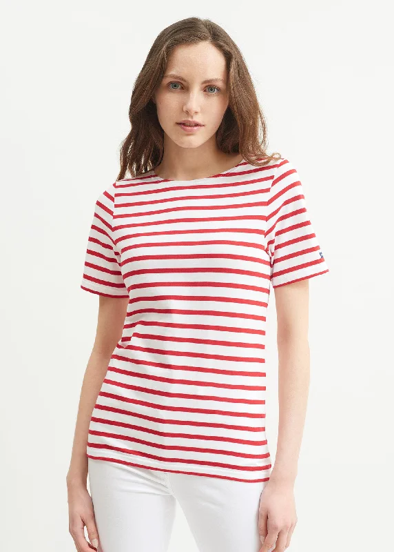 Elegant Attire For The Modern Lady LEVANT MODERN - Breton Stripe Short Sleeve Shirt | Soft Cotton | Unisex Fit (WHITE / RED)